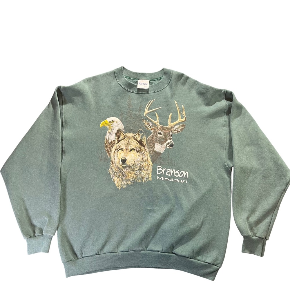 VTG 90s Tee Jays Mens XXL Branson Missouri Wolf Eagle Deer Graphic‎ Sweatshirt